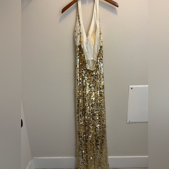 JOVANI Gold, Silver & White Sequin Beaded Halter Neck Gown - Picture 3 of 5
